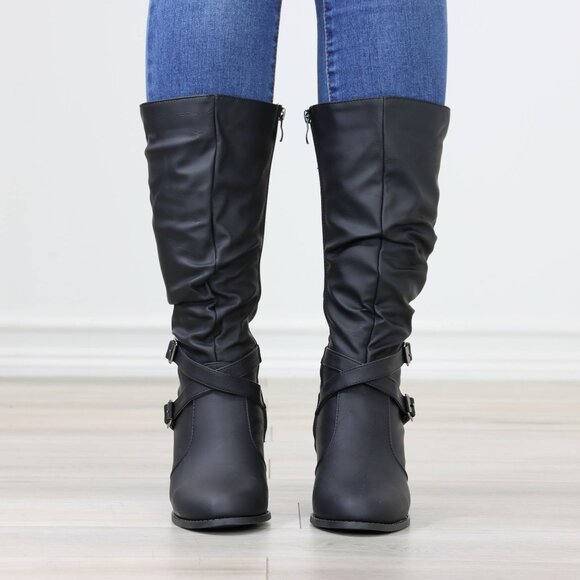 Black Mid Calf Block Heeled Boots Synthetic Leather Pointed Toe Womens - Picture 12 of 16